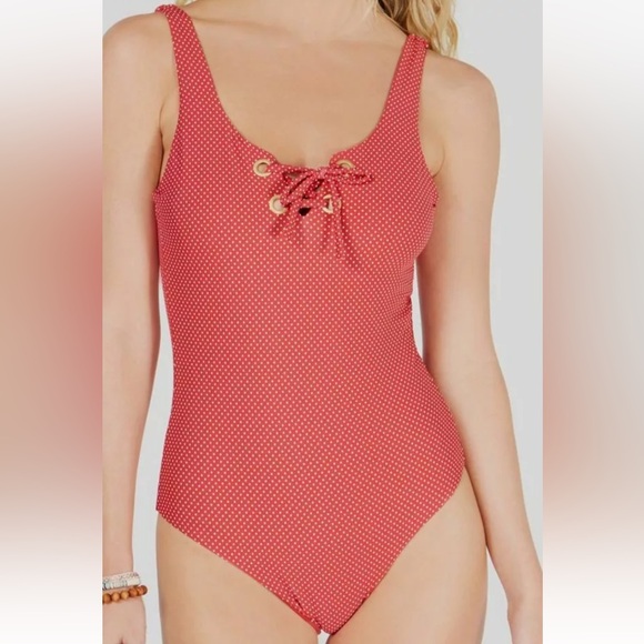 Roxy Women's Red Polka Dot Scoop-Neck Lace-Up One Piece Swimsuit - Picture 4 of 12